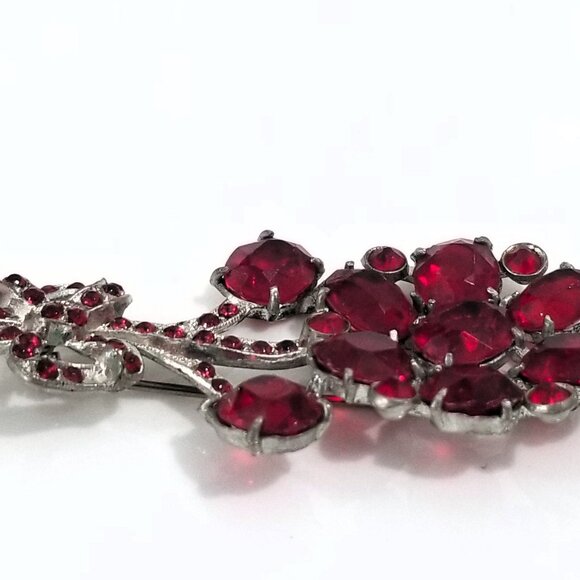 Large Art Deco Red Glass Flower Spray Pot Metal Brooch Rhinestone - Bouquet Bow - Picture 7 of 7